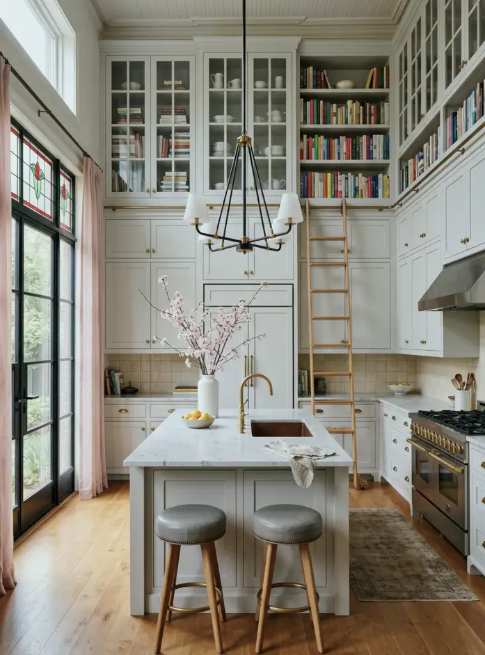 Victorian Kitchen Design: 40 Ideas a Designer Actually Loves 6 Victorian kitchen with floor-to-ceiling greige cabinets, sliding library ladder, glass-front uppers, marble island, and brass hardware