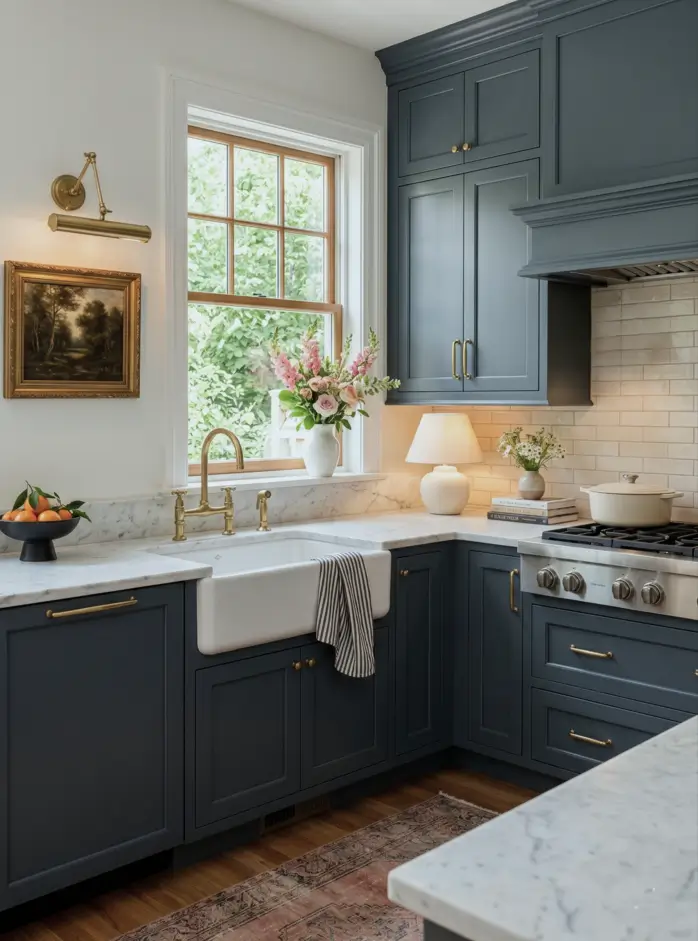Victorian Kitchen Design: 40 Ideas a Designer Actually Loves 42 Slate blue Victorian kitchen with gilt-framed landscape painting, brass picture light, marble counters, farmhouse sink, and subway tile