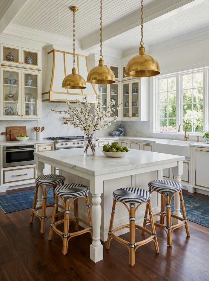 Colonial Style Kitchen: 26 Timeless Ideas, Cabinets & Designs 7 British Colonial kitchen with glass-front cabinets displaying blue-and-white china and a brass-banded hood