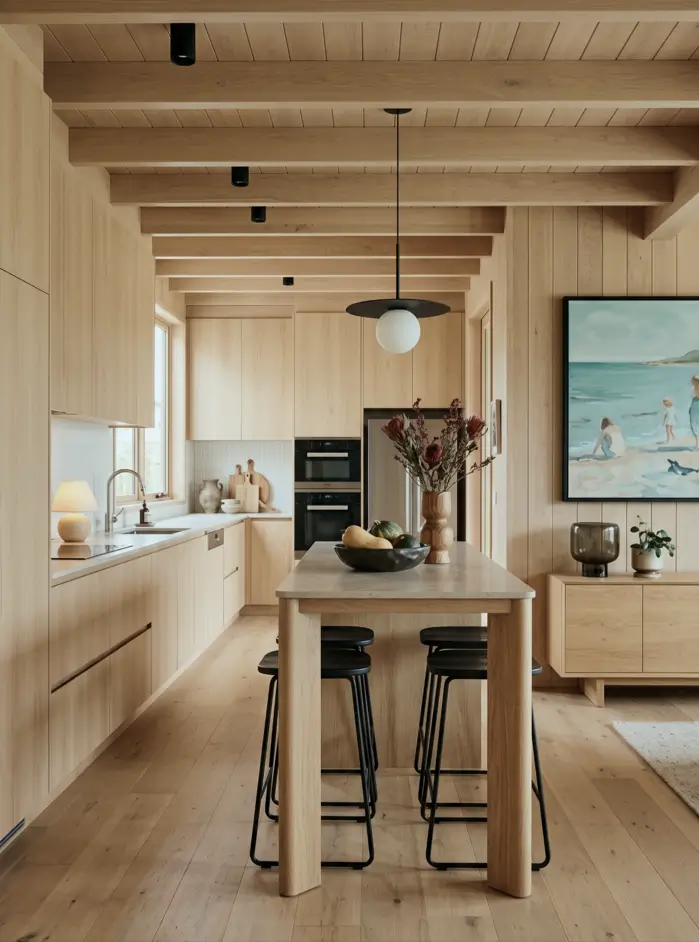 Japandi Kitchen: The Calm, Warm Look I Keep Coming Back To 7 Japandi kitchen with a wood-clad plank ceiling, pale oak cabinets, and black stools