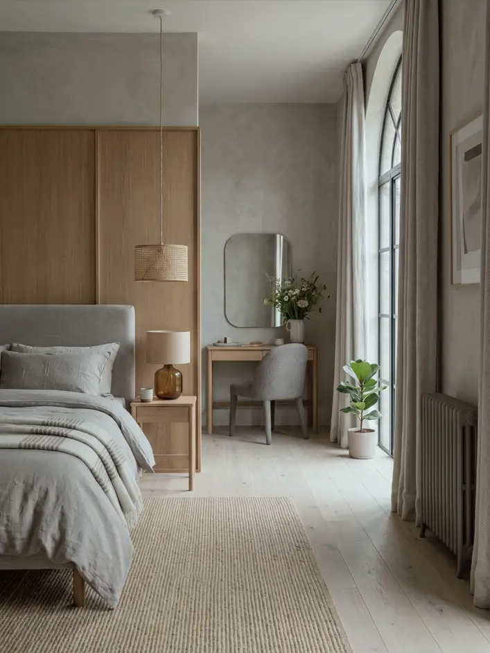 Japandi Style Bedroom: 33 Calm, Warm Ideas a Designer Loves 7 Japandi master bedroom with oak headboard panel, grey linen bedding, vanity desk, and arched window