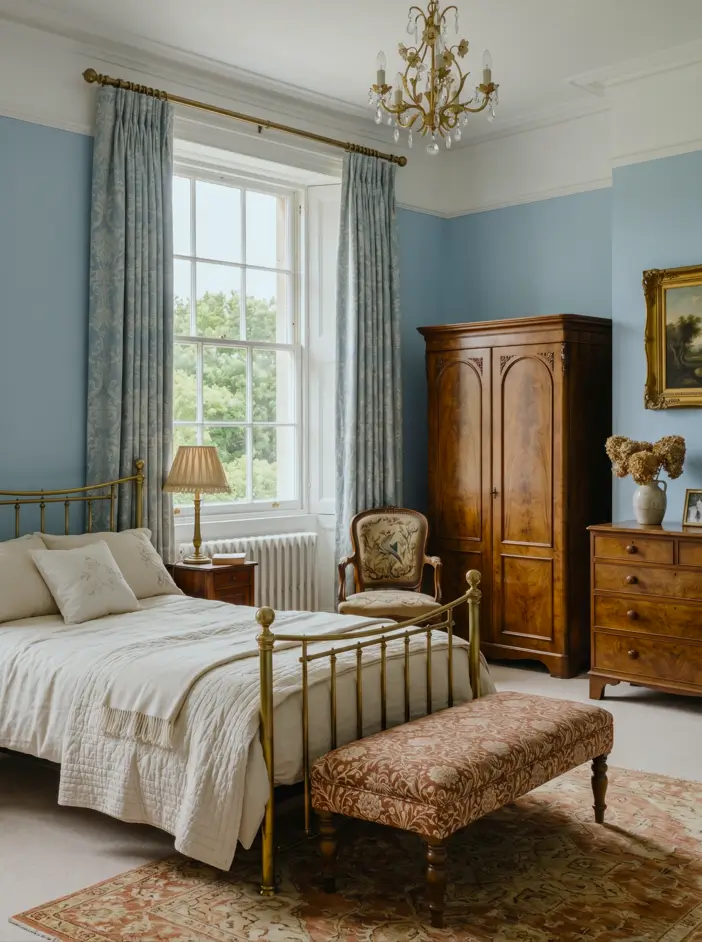 Victorian Style Bedroom: 30 Ideas for Romance Without the Heaviness 7 Traditional Victorian style bedroom with antique brass bed, burr-walnut wardrobe, tapestry chair, and soft blue walls