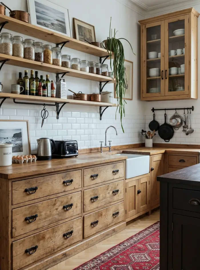Victorian Kitchen Design: 40 Ideas a Designer Actually Loves 7 Unfitted Victorian kitchen with freestanding pine dresser drawers, black bin pull handles, glass-front cabinet, and butler's sink