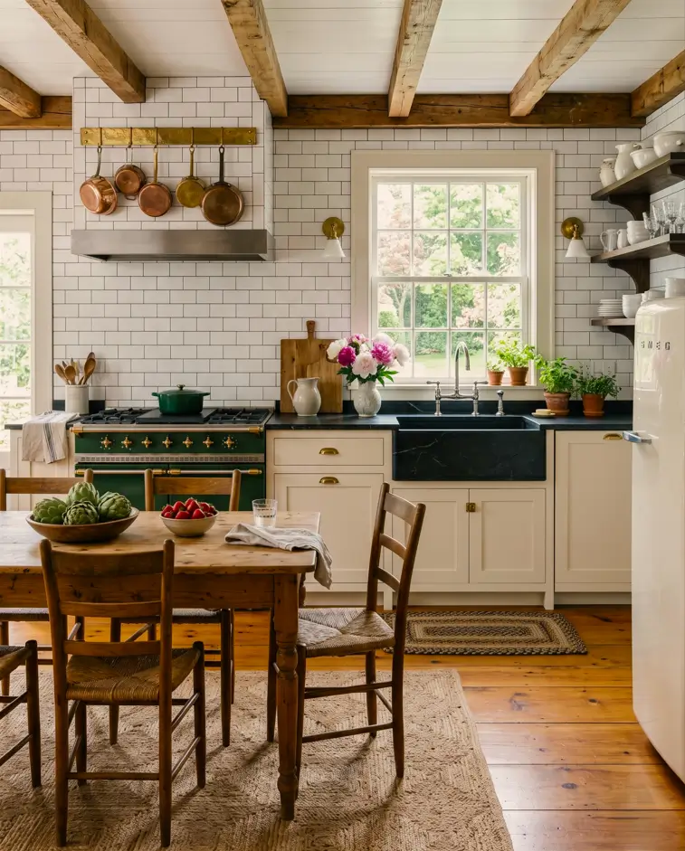 Colonial Style Kitchen: 26 Timeless Ideas, Cabinets & Designs 8 Colonial farmhouse kitchen with exposed hand-hewn ceiling beams, cream cabinets, and a soapstone apron sink