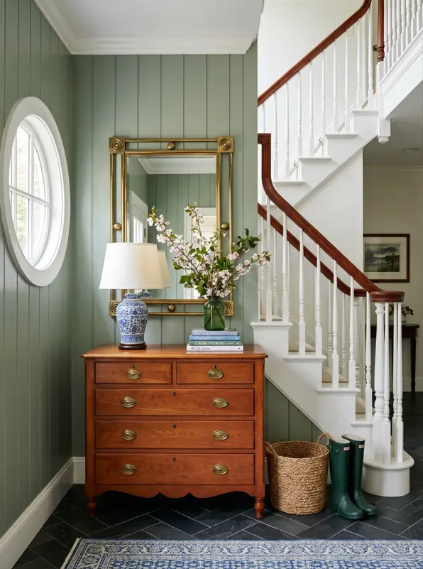 Colonial Interior Design Style: American vs. British (33 Real-Home Ideas) 8 American Colonial foyer with green vertical paneling, antique cherry chest, blue and white lamp, and turned-baluster staircase