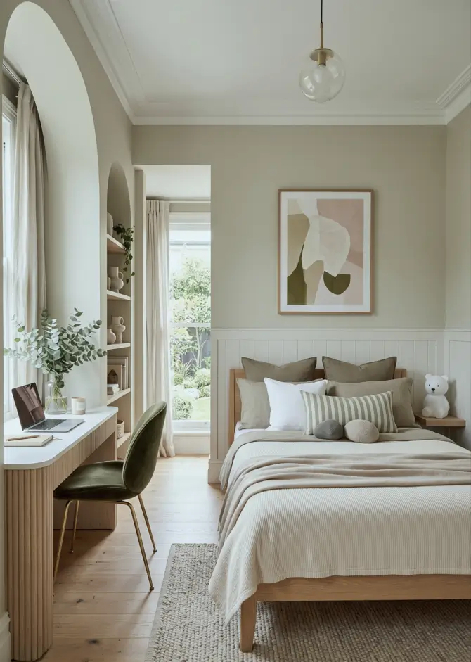 Japandi Style Bedroom: 33 Calm, Warm Ideas a Designer Loves 8 Sage green Japandi bedroom with oak bed, fluted desk in arched niche, velvet chair, and jute rug