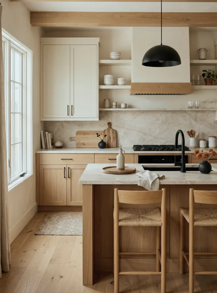 Japandi Kitchen: The Calm, Warm Look I Keep Coming Back To 8 Two-tone kitchen with oak base cabinets, cream uppers, marble backsplash, and black hardware
