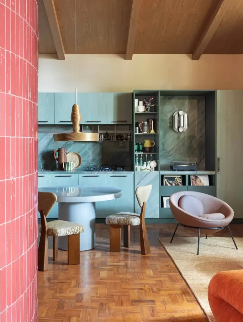 16 Kitchen Color Combination Ideas That Feel Right at Home 8 Soft teal kitchen cabinets paired with a warm timber ceiling