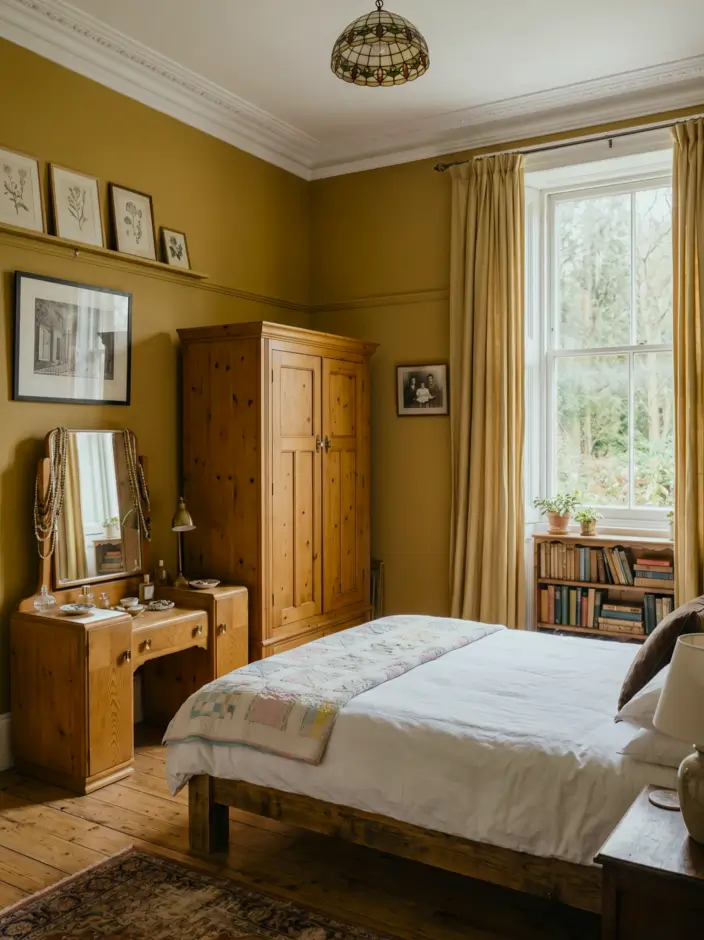 Victorian Style Bedroom: 30 Ideas for Romance Without the Heaviness 8 Traditional Victorian style bedroom with mustard walls, antique pine wardrobe, vanity swing mirror, patchwork quilt, and Tiffany pendant