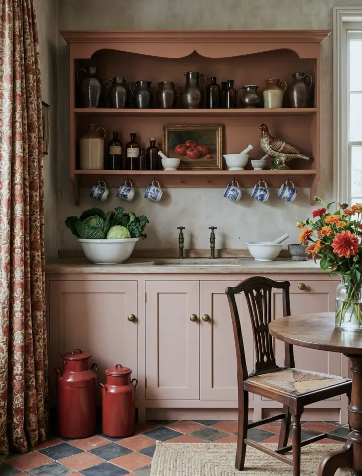 Victorian Kitchen Design: 40 Ideas a Designer Actually Loves 8 Victorian kitchen with built-in terracotta pink Welsh dresser, plate rack, blue and white transferware, and quarry tile floor