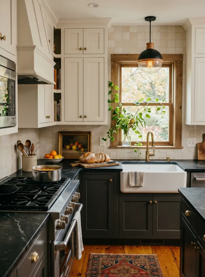 Colonial Style Kitchen: 26 Timeless Ideas, Cabinets & Designs 9 Small colonial kitchen with cream upper cabinets, charcoal lower cabinets, an apron sink, and brass hardware