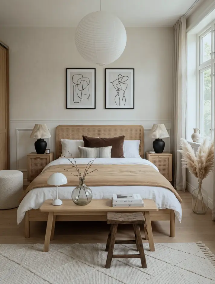 Japandi Style Bedroom: 33 Calm, Warm Ideas a Designer Loves 9 Japandi bedroom with caned oak bed, paper lantern, matching black lamps, line-art prints, and Berber rug