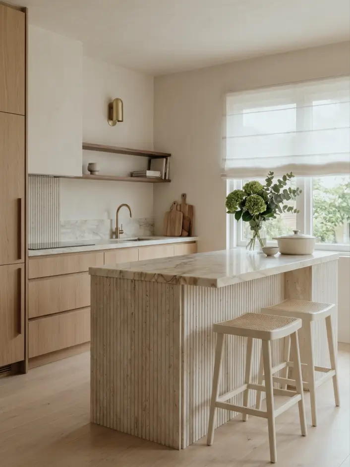 Japandi Kitchen: The Calm, Warm Look I Keep Coming Back To 9 Light kitchen with a fluted travertine island, marble top, oak cabinets, and brass fixtures