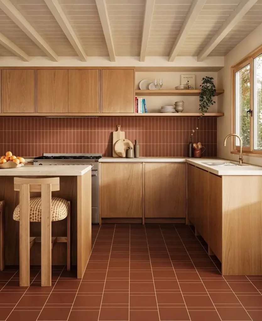 16 Kitchen Color Combination Ideas That Feel Right at Home 9 Warm oak and terracotta kitchen color scheme with tile backsplash and floor