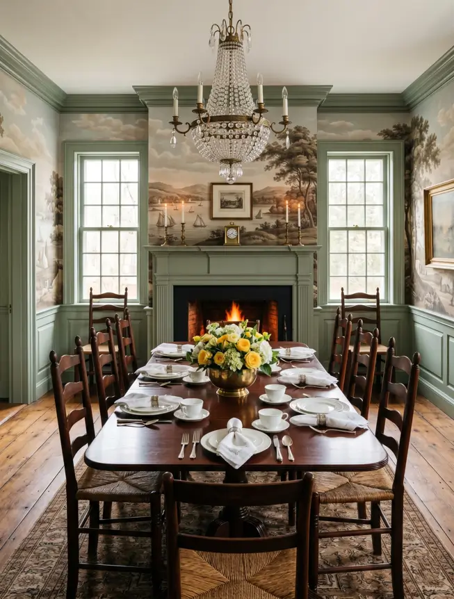 Colonial Interior Design Style: American vs. British (33 Real-Home Ideas) 9 American Colonial dining room with scenic landscape mural, sage wainscoting, mahogany ladder-back chairs, and wide-plank floors