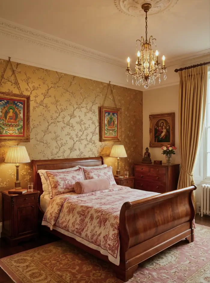 Victorian Style Bedroom: 30 Ideas for Romance Without the Heaviness 9 Traditional Victorian style bedroom with flame-mahogany sleigh bed, red toile bedding, blossom wallpaper, and crystal chandelier