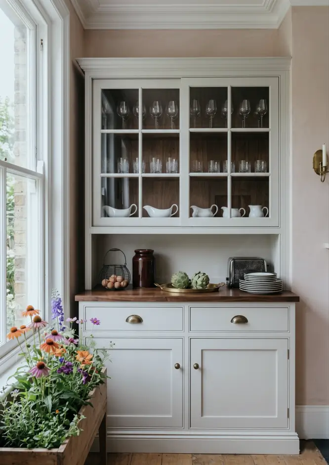 Victorian Kitchen Design: 40 Ideas a Designer Actually Loves 9 Victorian kitchen with built-in glazed display dresser, multi-pane glass doors, walnut interior, ironstone jugs, and brass cup pulls