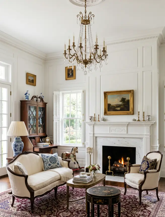 Colonial Interior Design Style: American vs. British (33 Real-Home Ideas) 10 Formal American Colonial parlor with raised-panel walls, carved marble mantel, antique settees, and glass-front secretary