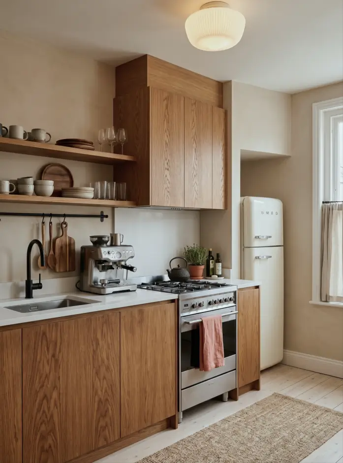Japandi Kitchen: The Calm, Warm Look I Keep Coming Back To 10 Small Japandi kitchen with warm oak cabinets, open shelving, a black tap, and a jute runner