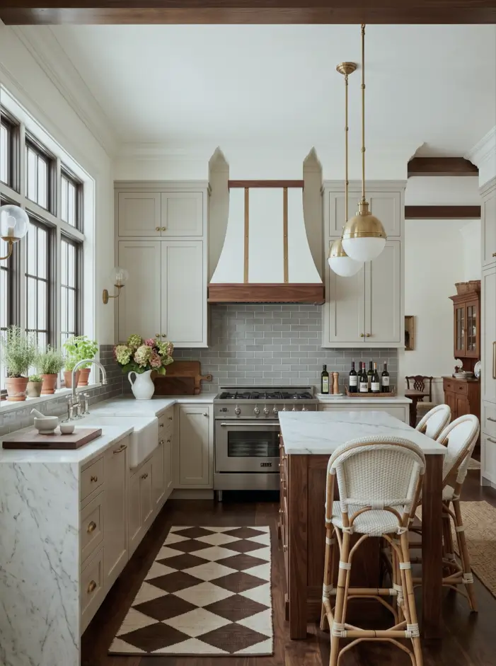 Colonial Style Kitchen: 26 Timeless Ideas, Cabinets & Designs 10 Modern colonial kitchen with a brass-banded plaster hood, cream cabinets, marble counters, and a walnut island