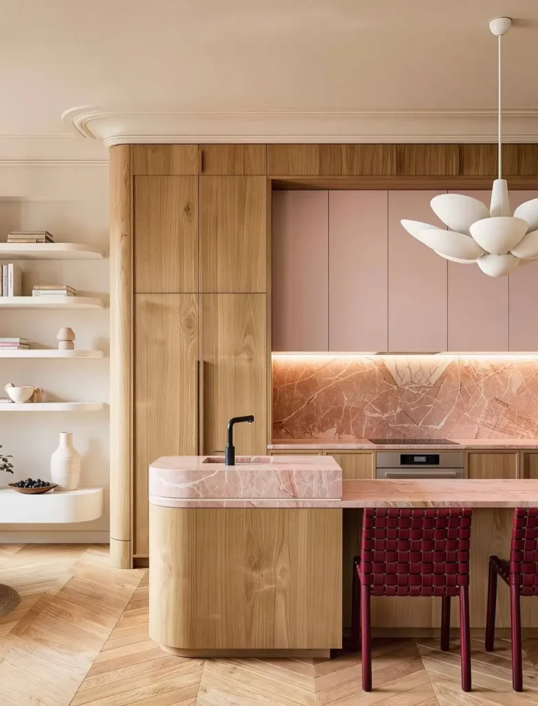 16 Kitchen Color Combination Ideas That Feel Right at Home 10 Warm oak cabinets paired with soft pink upper cabinets and rosy marble