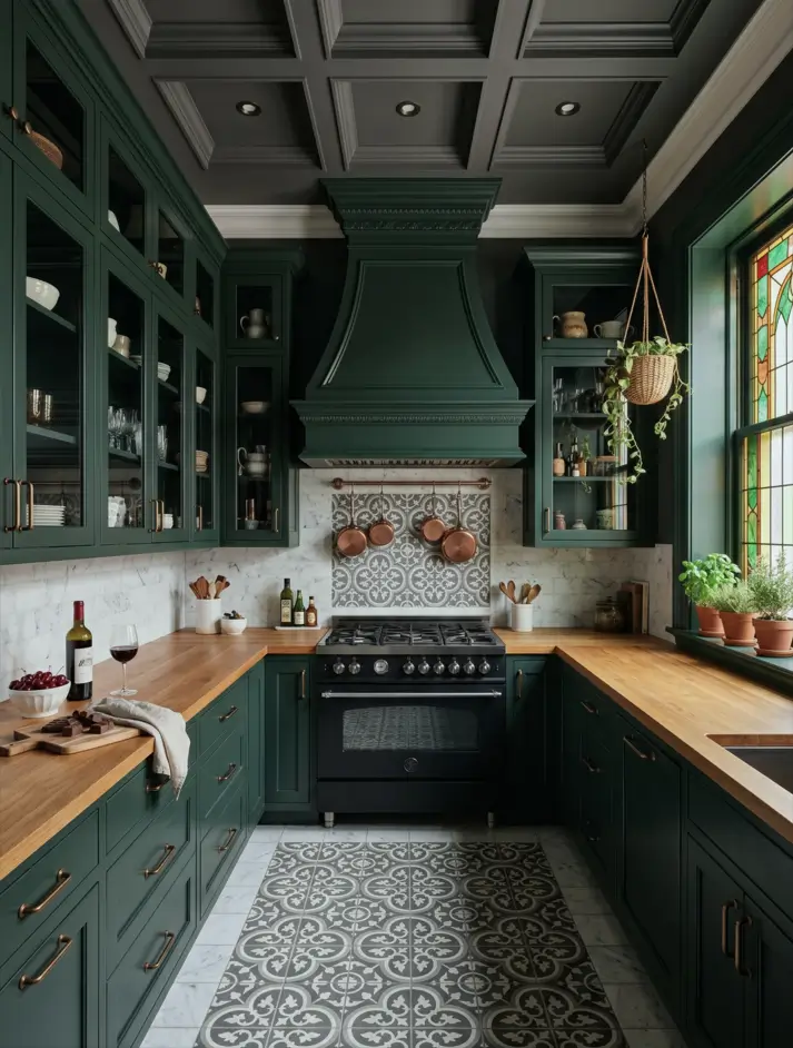 Victorian Kitchen Design: 40 Ideas a Designer Actually Loves 10 Victorian style kitchen with forest green cabinets, coffered ceiling, ornate hood, encaustic patterned floor tile, and stained glass