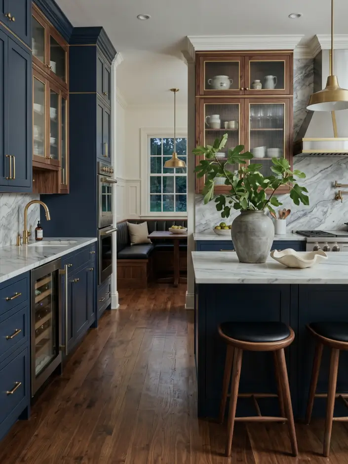 Colonial Style Kitchen: 26 Timeless Ideas, Cabinets & Designs 11 Modern colonial kitchen with deep navy cabinets, walnut glass-front uppers, marble counters, and brass fixtures