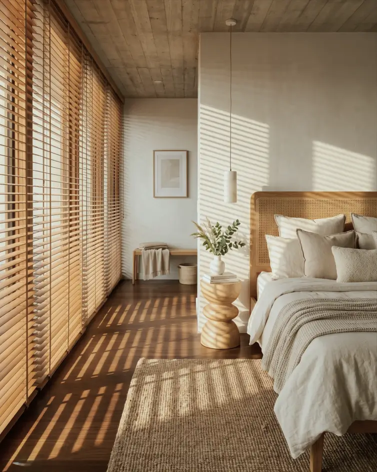 Japandi Style Bedroom: 33 Calm, Warm Ideas a Designer Loves 11 Japandi bedroom with caned oak headboard, linen bedding, jute rug, and wood blinds filtering warm light