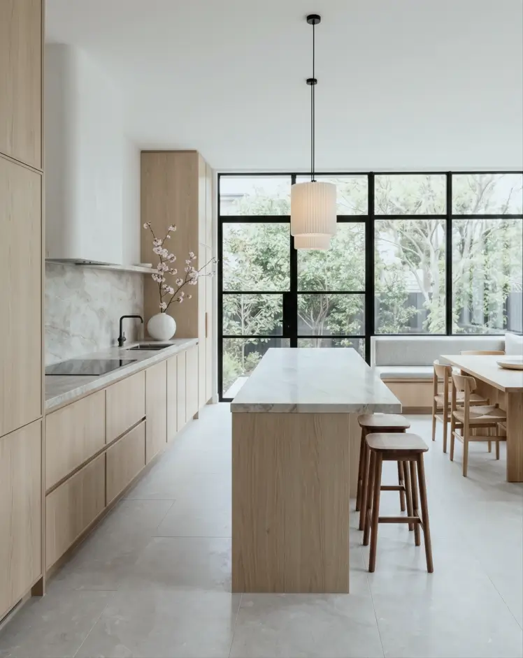 Japandi Kitchen: The Calm, Warm Look I Keep Coming Back To 11 Black-framed garden windows behind a pale oak island and marble worktop with a banquette