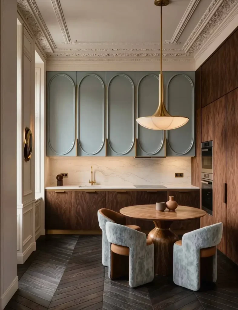 16 Kitchen Color Combination Ideas That Feel Right at Home 11 Sage green and walnut kitchen color scheme with marble backsplash and brass