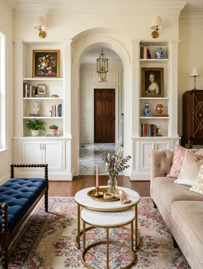 Colonial Interior Design Style: American vs. British (33 Real-Home Ideas) 11 Symmetrical American Colonial sitting room with built-in bookcases, arched doorway, fluted pilasters, and antique portrait