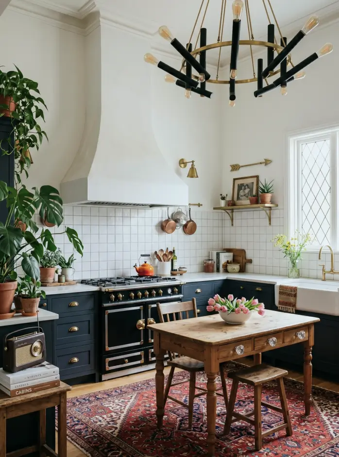 Victorian Kitchen Design: 40 Ideas a Designer Actually Loves 11 Modern Victorian kitchen with navy blue cabinets, black and brass range cooker, plaster hood, leaded diamond window, and antique rug