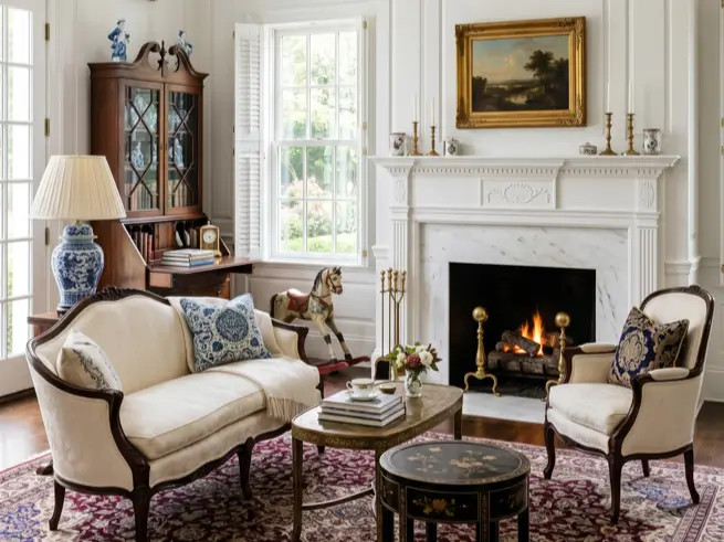 Colonial interior design style parlor with raised-panel walls, marble mantel, antique settee, and blue-and-white porcelain