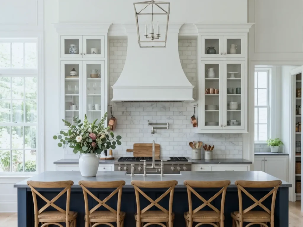 Colonial Style Kitchen: 26 Timeless Ideas, Cabinets & Designs 70 Colonial style kitchen with a curved white plaster hood, glass-front cabinets, a marble subway backsplash, and a navy island with X-back stools