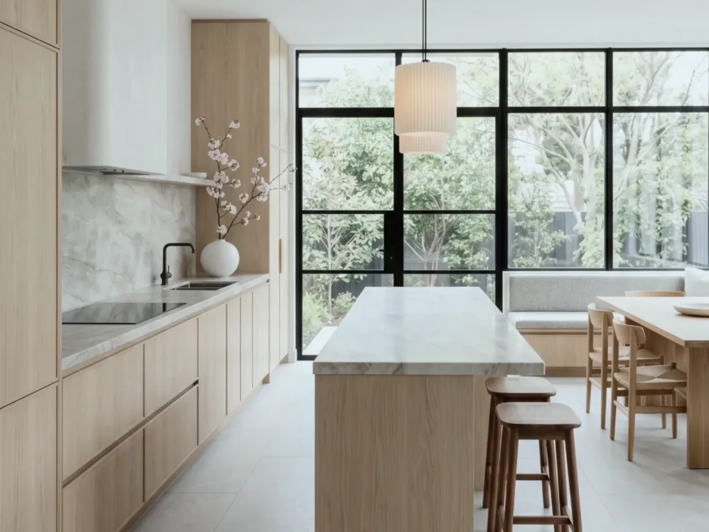 Japandi Kitchen: The Calm, Warm Look I Keep Coming Back To 83 Japandi kitchen with pale oak cabinets, a marble island, black-framed garden windows, and a banquette dining nook