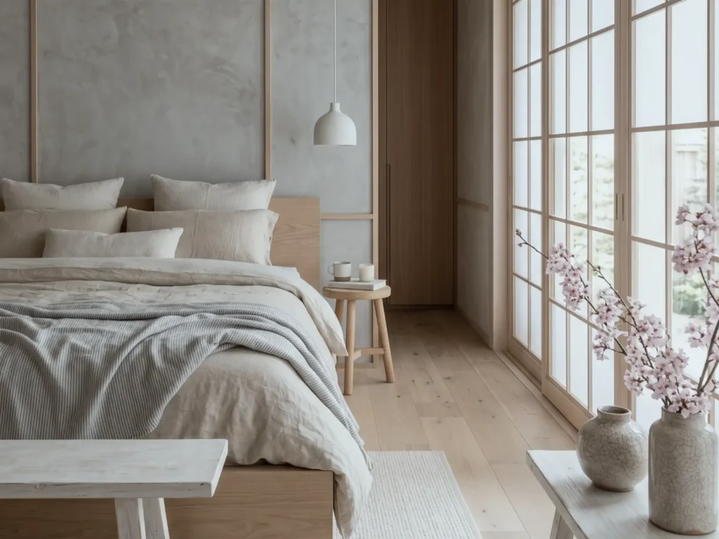 Japandi Style Bedroom: 33 Calm, Warm Ideas a Designer Loves 66 Japandi style bedroom with oak headboard, layered linen bedding, shoji screen windows, and cherry blossom branches