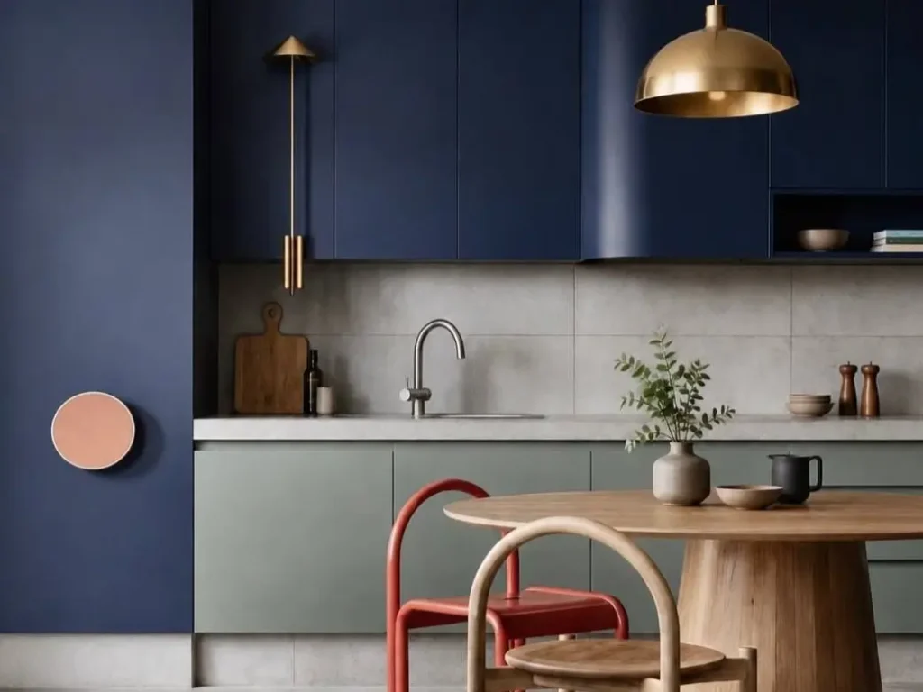16 Kitchen Color Combination Ideas That Feel Right at Home 70 Navy blue and sage green kitchen color combination with brass pendant and wood dining table