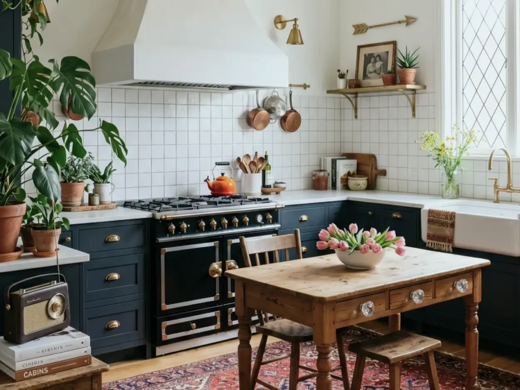 Victorian Kitchen Design: 40 Ideas a Designer Actually Loves 69 Victorian kitchen design with navy blue cabinets, black and brass range cooker, plaster hood, leaded diamond window, copper pans, and farmhouse sink
