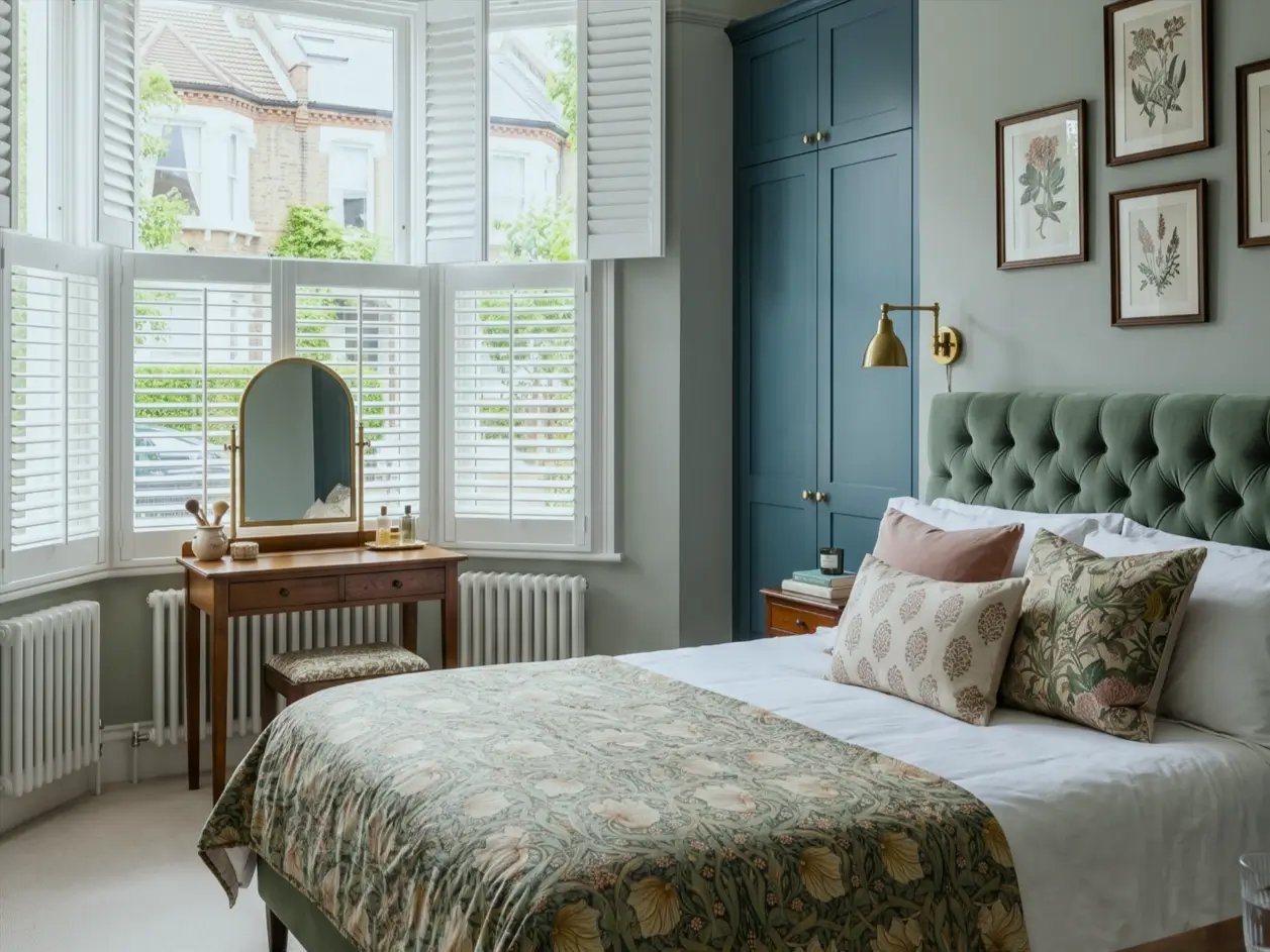 Victorian Style Bedroom: 30 Ideas for Romance Without the Heaviness 2 Victorian style bedroom with green velvet tufted headboard, William Morris floral throw, antique dressing table, and blue wardrobe