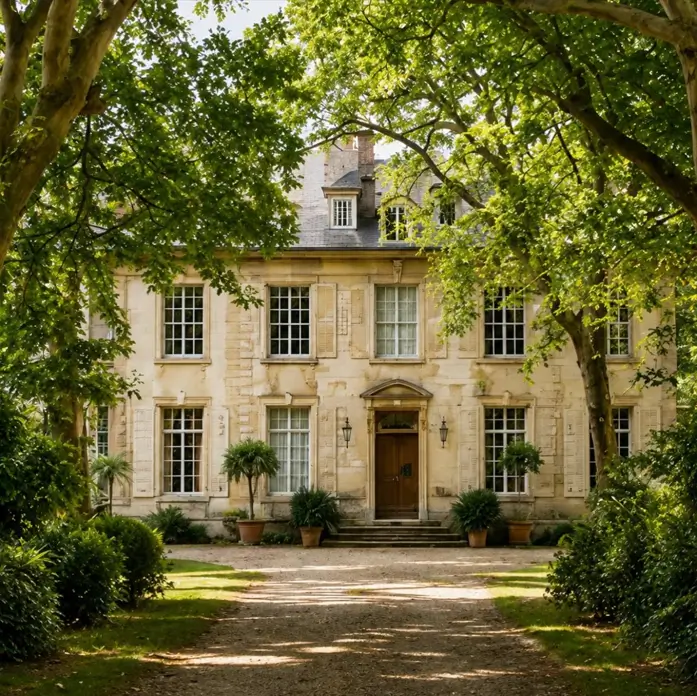 French Country House Style: An Architect's Guide to the Exterior Look 3 French Country House Style limestone manor facade with tall shuttered windows and a steep dormered roof