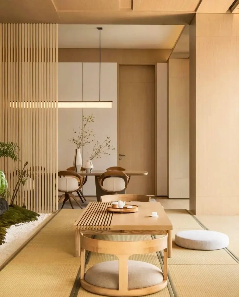 Japandi Style Living Room: Where Japanese Calm Meets Scandinavian Warmth 3 Japandi style living room with a low wood table, tatami mats, and round floor cushions