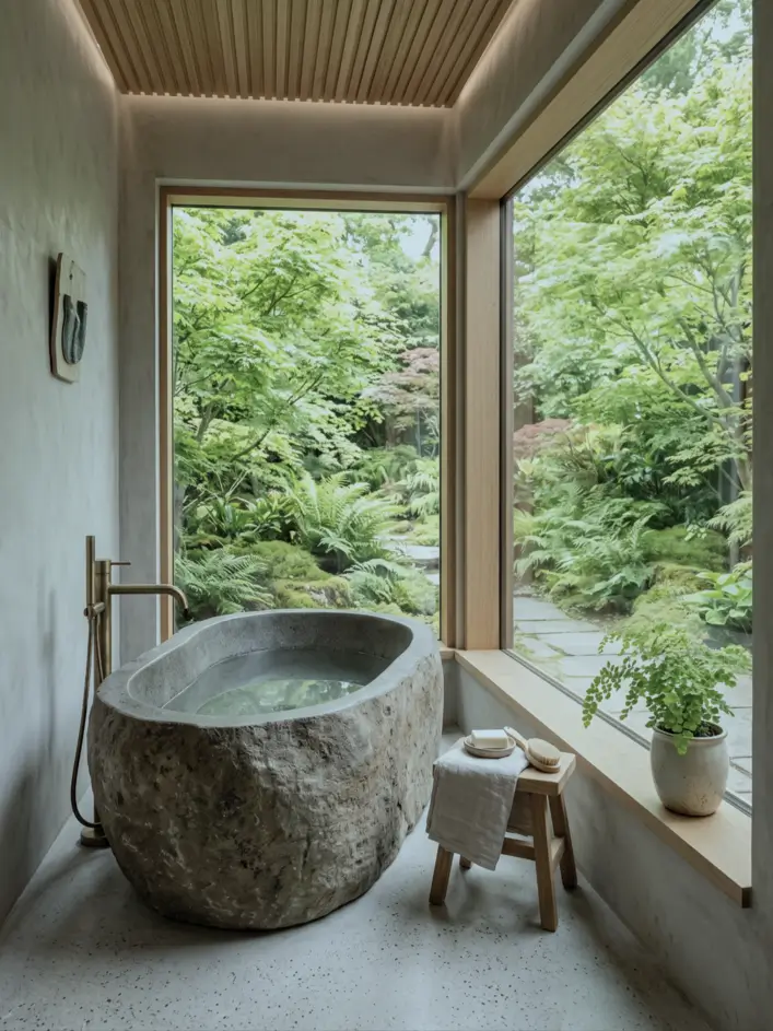38 Japandi Style Bathroom Ideas for a Quietly Beautiful Space 3 Japandi style bathroom with a carved stone soaking tub, slatted oak ceiling, and garden window