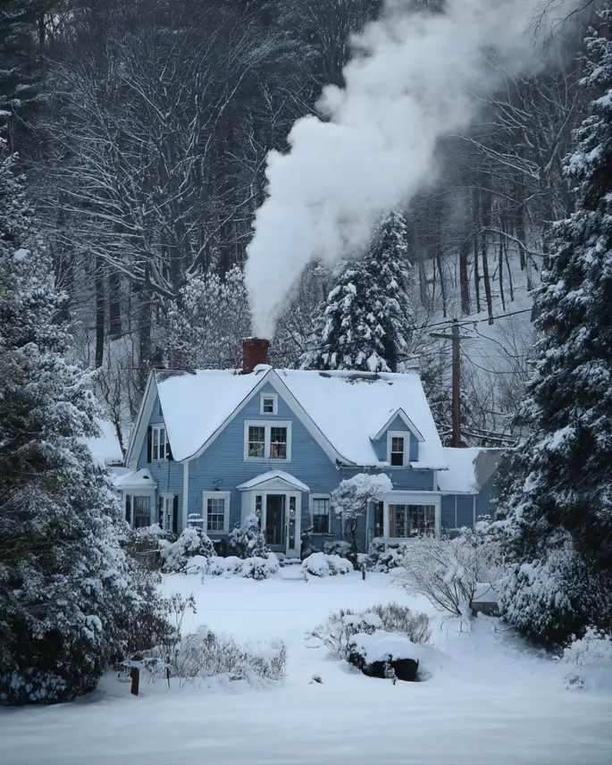33 Blue and White Cottage Ideas That Always Feel Fresh 3 light blue and white cottage exterior with powder-blue lap siding, white window trim, and a brick chimney in a snowy forest setting