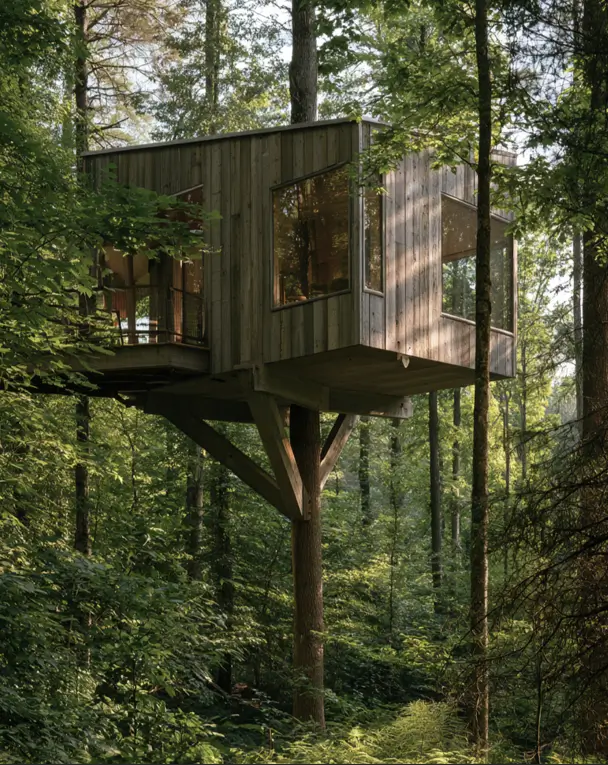 55 Treehouse Design Ideas, From Backyard Platforms to Canopy Cabins 3 Simple treehouse design ideas with a weathered timber box carried on knee braces fixed to a single trunk