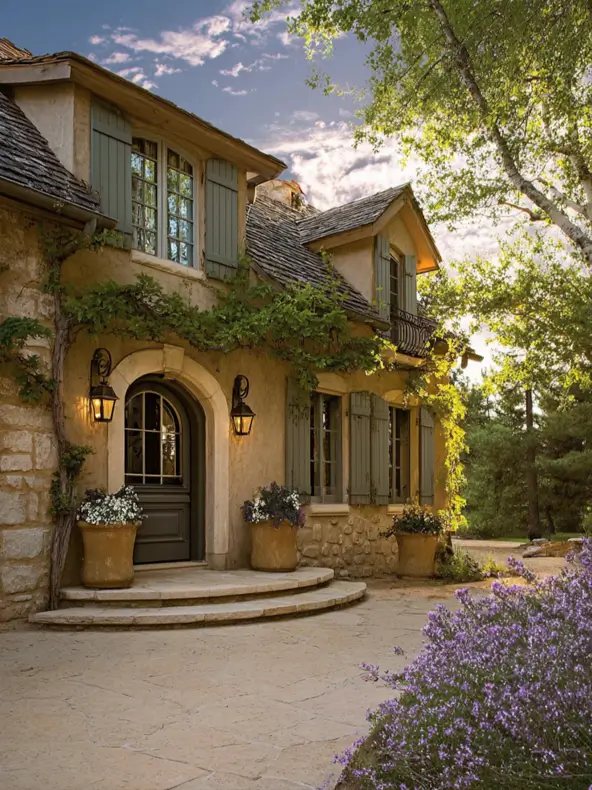 French Country House Style: An Architect's Guide to the Exterior Look 12 French Country House Style ochre stucco home with an arched stone entry, sage shutters, and iron lanterns