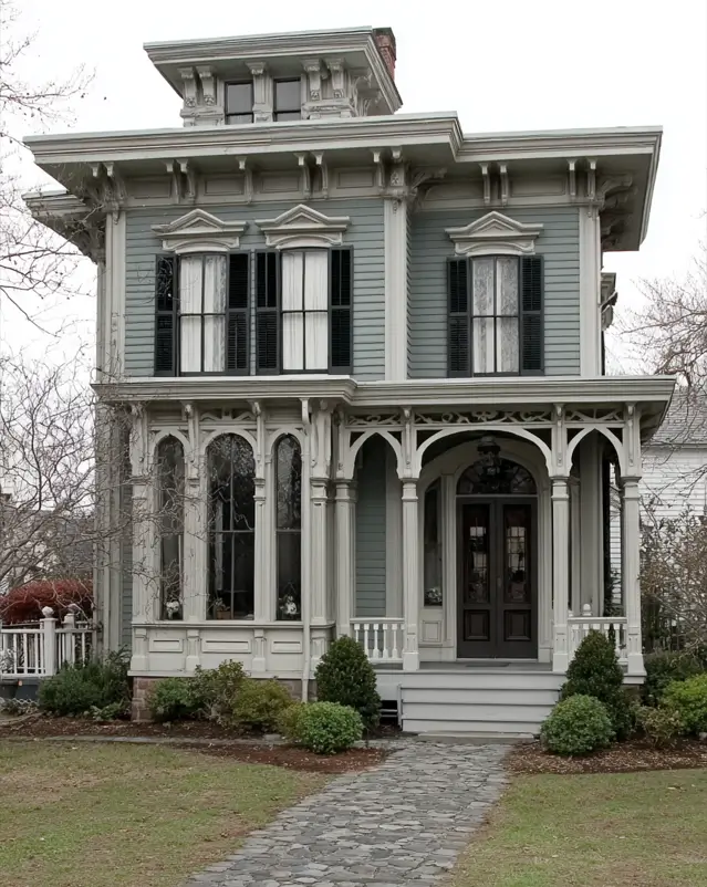 Italianate Style House: 33 Ideas and the Details That Give One Away 12 Italianate style house with blue-gray clapboard, paired eave brackets, pedimented window hoods and a square cupola