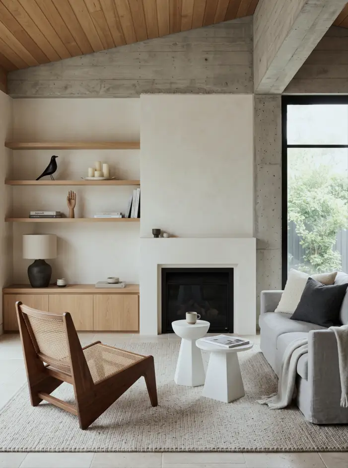 Japandi Style Living Room: Where Japanese Calm Meets Scandinavian Warmth 12 Japandi living room with a plaster fireplace, concrete beam, cane lounge chair, and warm wood ceiling