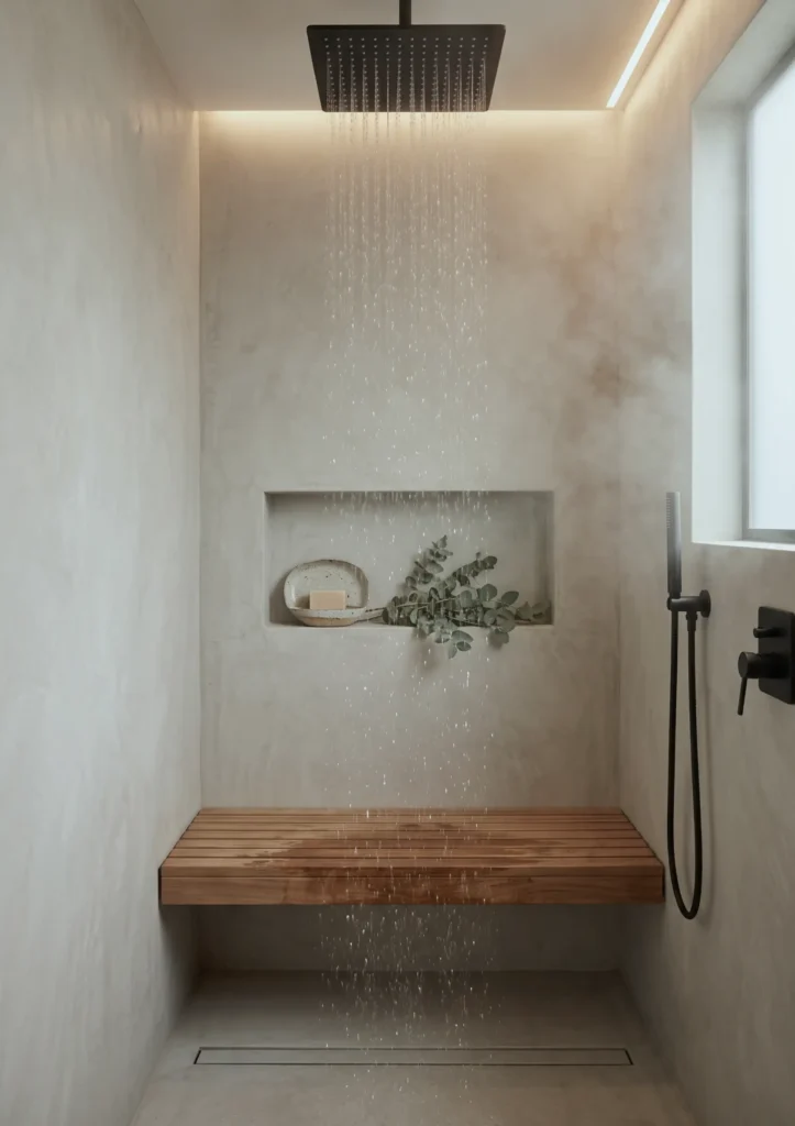 38 Japandi Style Bathroom Ideas for a Quietly Beautiful Space 12 Japandi style bathroom rain shower with a floating teak bench, microcement walls, and a recessed niche
