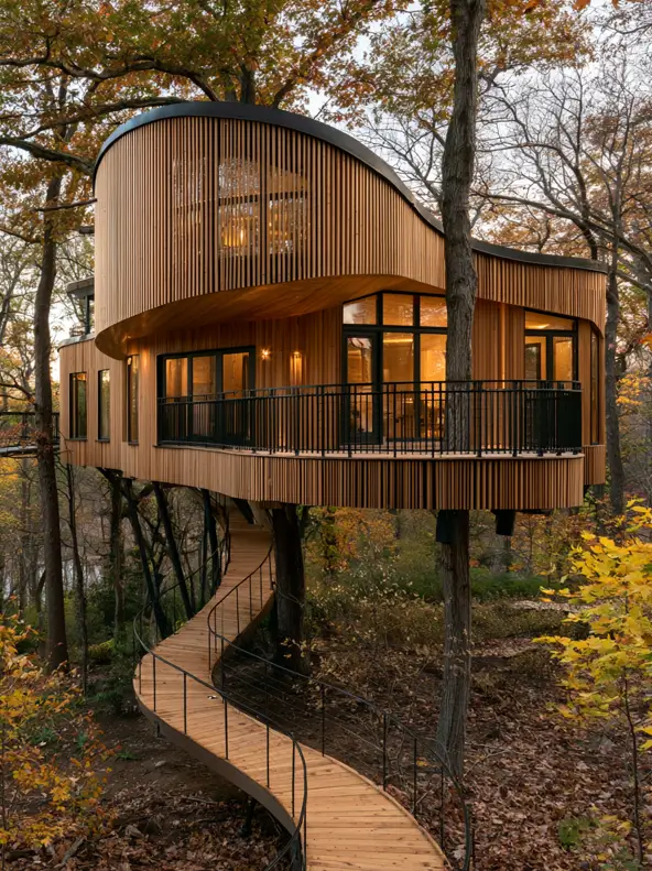 55 Treehouse Design Ideas, From Backyard Platforms to Canopy Cabins 12 Modern treehouse design ideas with curved timber batten cladding, black steel legs and a winding ramp through autumn oaks