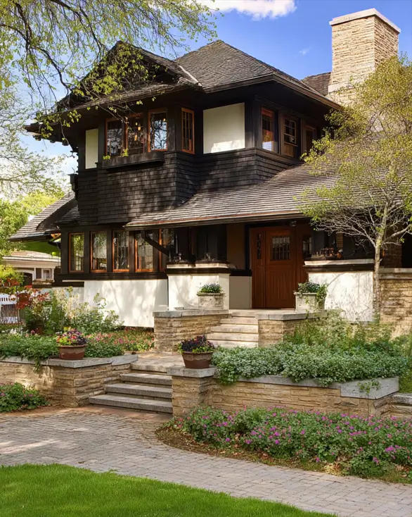 Prairie House Style: Key Features, History, and What Makes These Homes So Timeless 12 Dark shingle banding over white stucco with terraced limestone walls on a Prairie style home
